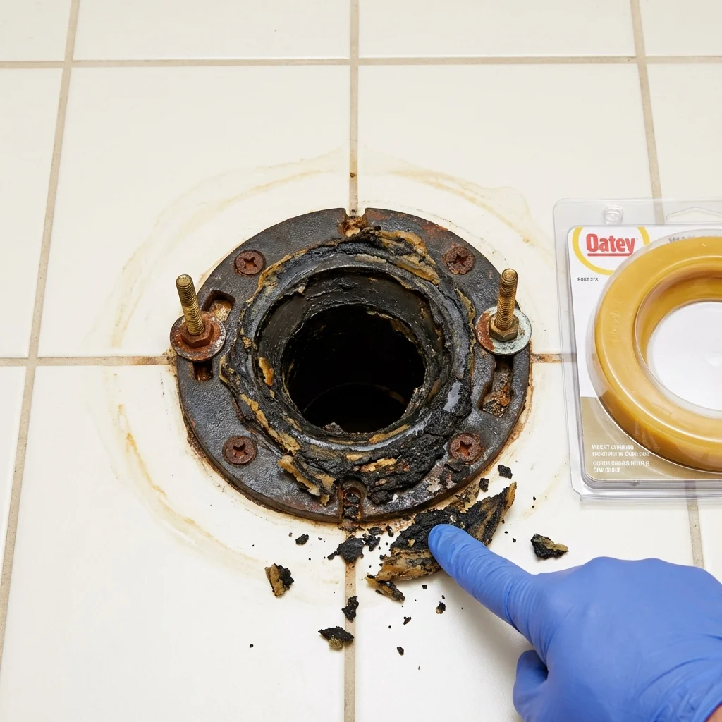 Failed wax ring showing water seepage at the base of a toilet in a Sullivan, MO home