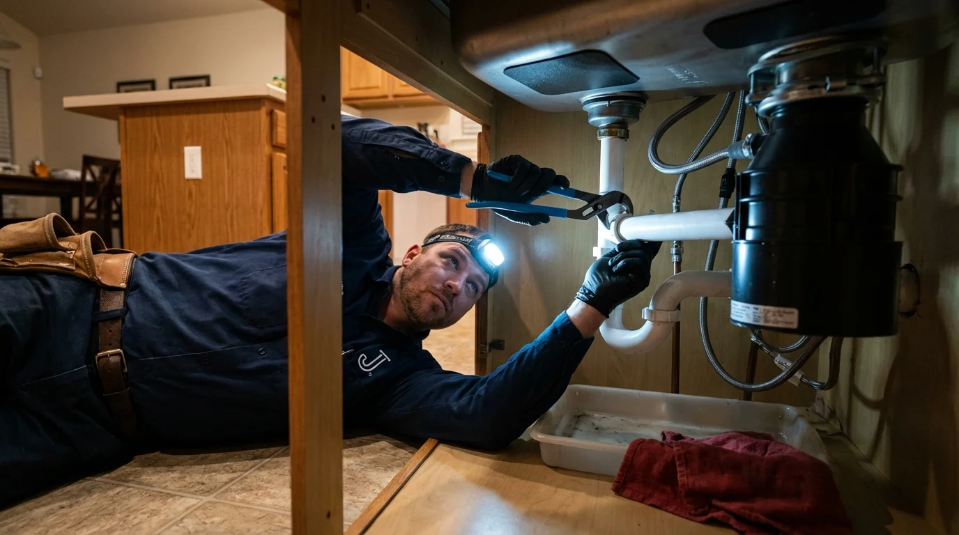 P-trap and supply line connections under a kitchen sink showing a common leak point in Sullivan, MO